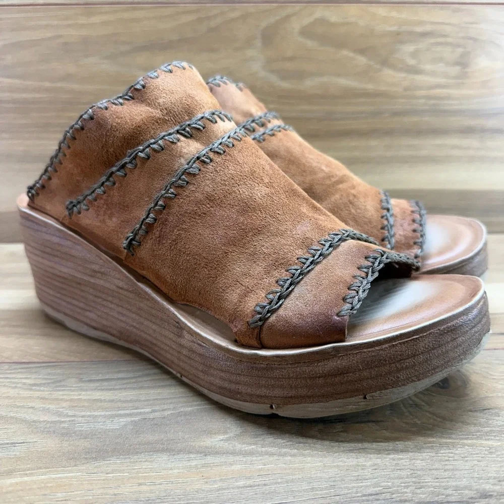 A.S 98 AS98 Nelson Wedge Sandals 11 EU 42 Cognac Suede Boho Whipstitch Artisan